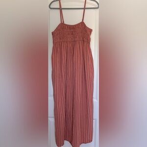 A New Day Rust Coral Striped Smocked Maxi Sundress Adjustable Straps Pockets L